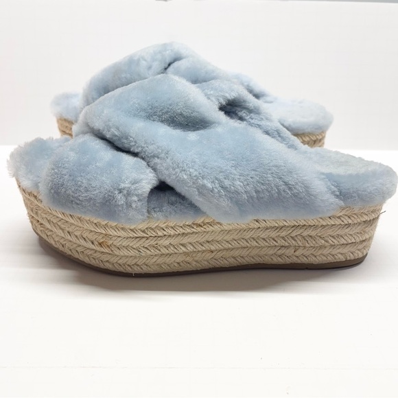 Miu Miu Light Blue Shearling Cross Strap Espadrille Platform Slides - Picture 4 of 10